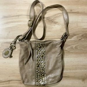 EUC Fossil Shimmer Leather Crossbody Bag with Metallic Stud Embellishment